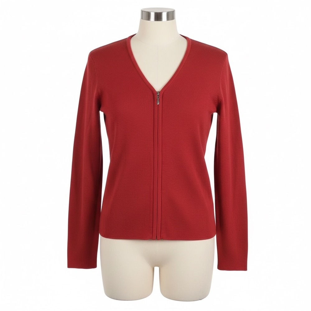 Erik Spencer Red Zip Up Cardigan Sweater Medium Ribbed Knit Preppy Casual Office